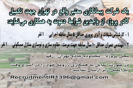 یک شرکت پیمانکاری معتبر واقع در تهران جهت تکمیل کادر پروژه از واجدین شرایط دعوت به همکاری می نماید: